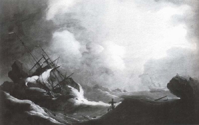  A ship running on to rocks in a violent storm